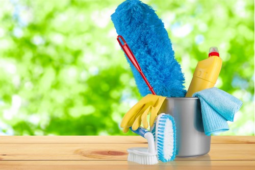 Cleaner placing safety measures before starting cleaning work