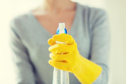 Cleaner preparing kitchen surfaces in a Wandsworth property
