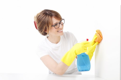 Cleaner maintaining a modern Wandsworth kitchen and living area